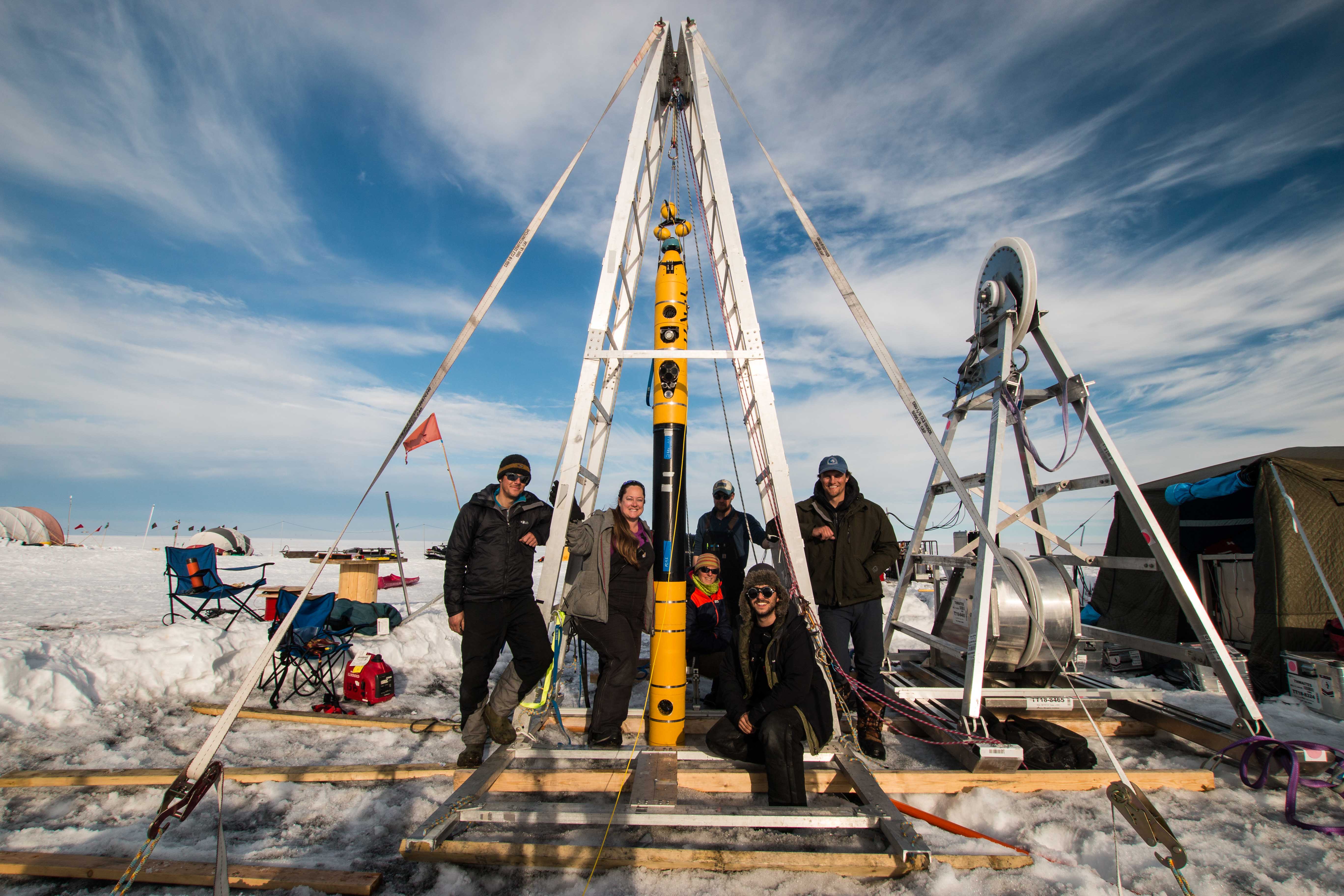 Credit: International Thwaites Glacier Collaboration / Georgia Tech-Schmidt / Dichek  The ITGC team involved in the project using the Icefin autonomous underwater vehicle after its last deployment to the ocean underside of Thwaites Glacier and its grounding line on January 12, 2020.