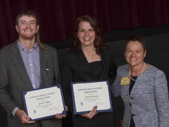 Justin Wilgus, 2014 NAU Space Grant Intern, and Crystae Rohman with NAU President Rita Cheng