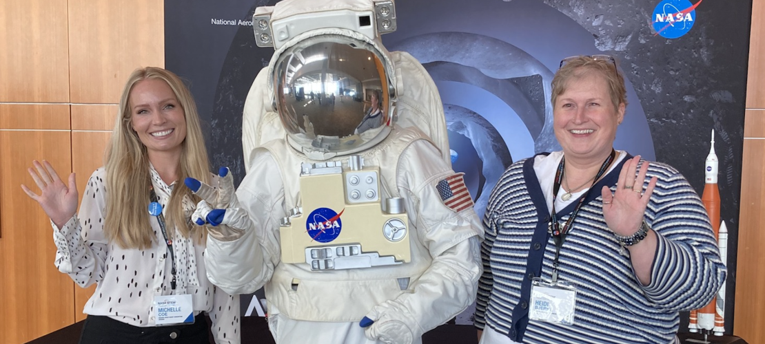 Michelle Coe (left) and Heidi Burke (right) next to NASA astronaut at the NASA OSTEM Better Together Conference 2022.